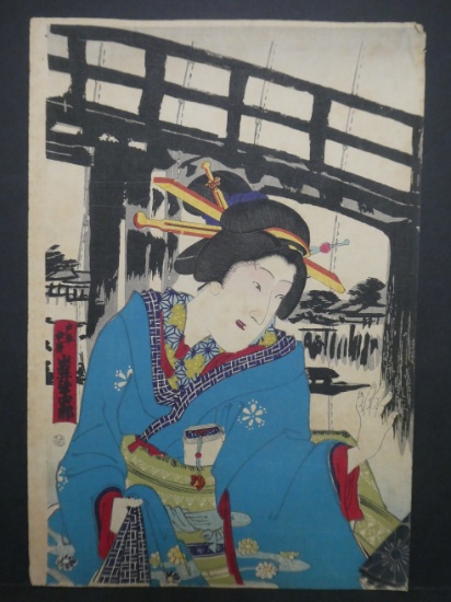 Original 19th Century Unsigned Japanese Woodblock Print Woman by Bridge