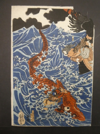Original 19th Century Utagawa Kuniyoshi Japanese Woodblock Print On the Sea at Mizumata