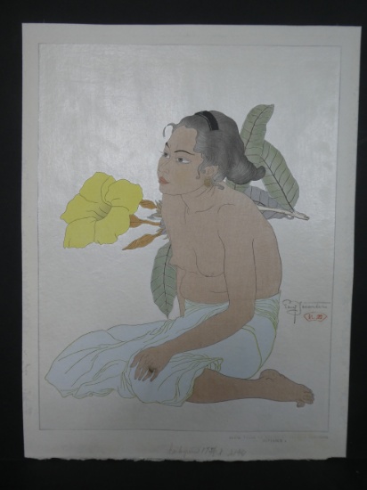 1934 Paul Jacoulet Japanese Woodblock Print Jeune Fille de Saipan et Fleurs D 'hibiscus