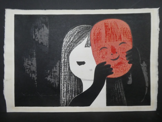 c1960 Kaoru Kawano Japanese Woodblock Print Young Girl with Mask
