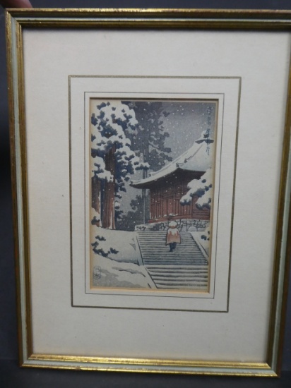 c1930's Kawase Hasui Japanese Woodblock Print Hiraizumi Konjikido Snow