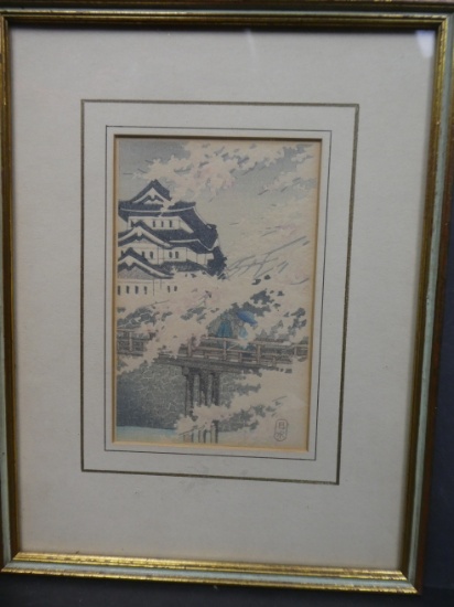 c1930's Kawase Hasui Japanese Woodblock Print Cherry Blossoms at Himeji Castle