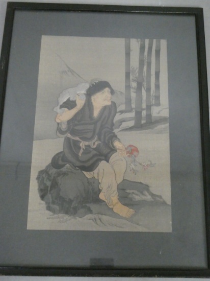 20th Century Ganki Japanese Woodblock Print Hermit & Bullfrog