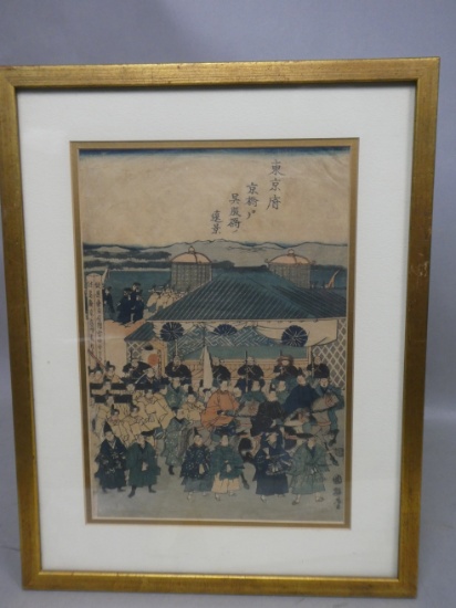 Original 19th Century  Utagawa School Japanese Woodblock Print Procession