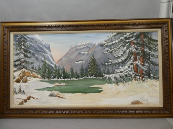 Signed D Lund Large Snowy Mountainscape Oil Painting