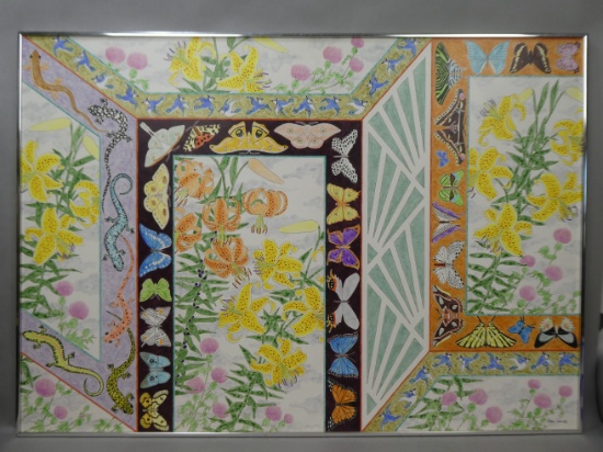 1981 Roger Sandes Japanese Garden Large Acrylic Painting