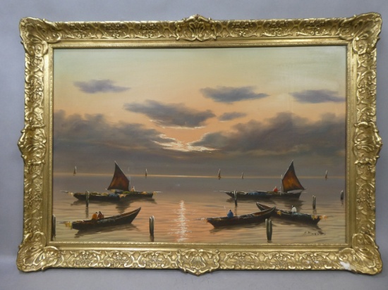 Giovanni Maratti Antique Italian Boats at Sea Large Oil Painting Listed Artist