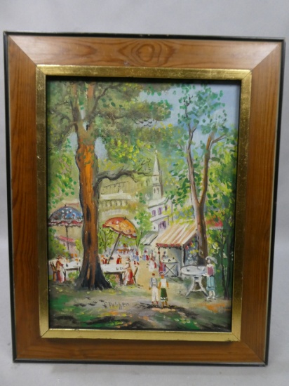 Signed E Palchen Paris Park Scene Vintage Oil Painting
