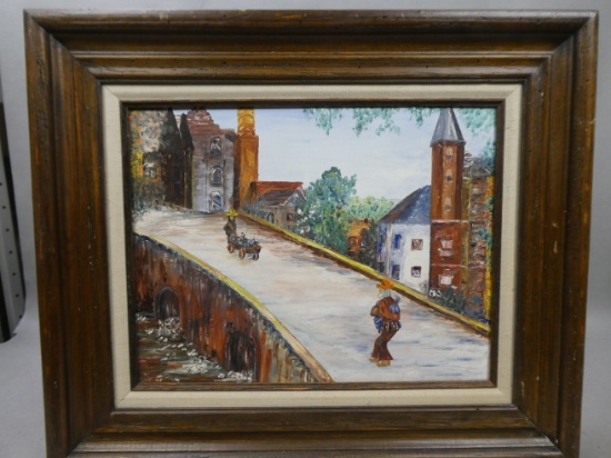 Signed Urquhart Bridge in Hispanic Town Oil Painting