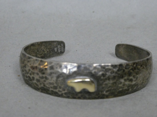 Vintage Hammered Sterling Silver & 14k Gold Polar Bear Cuff Bracelet