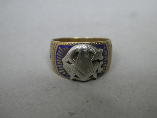 Vintage 14k Yellow Gold Masonic Ring w/ Enamel Sunburst