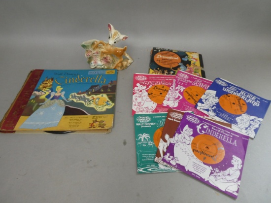 Lot Walt Disney Bambi Planter & Records Cinderella & Wonderful World 6 Records