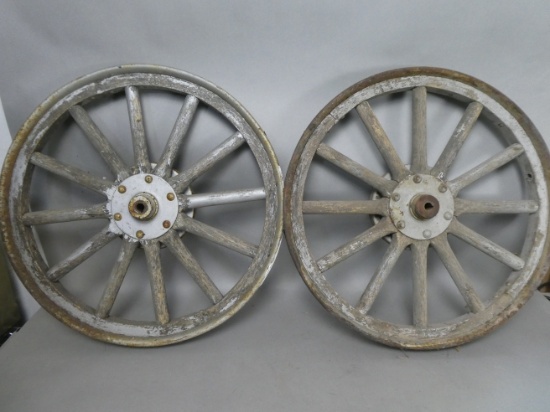Pair Matching Wooden Spoke Iron Rim Car or Wagon Wheels