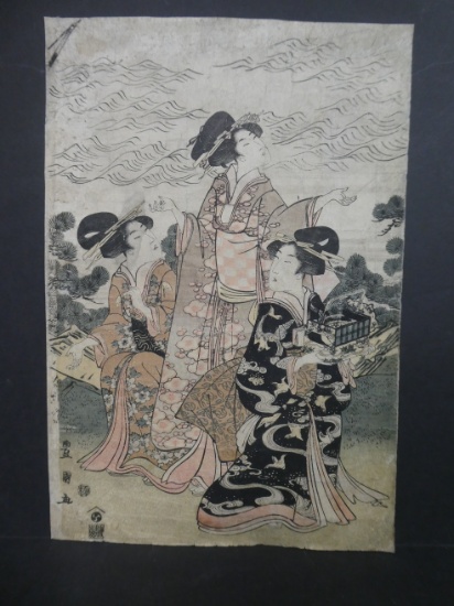 Original 18th Century Utagawa Toyokuni I Japanese Woodblock Print 3 Women