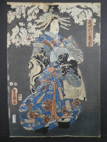Original 19th Century Utagawa Kunisada Japanese Woodblock Print Courtesan