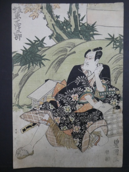 Original 19th Century Utagawa Toyokuni I Japanese Woodblock Print Seated Samurai