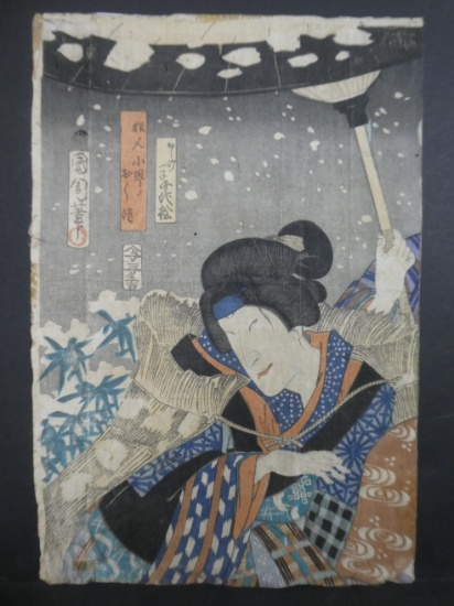 Original 19th Century Utagawa Toyokuni I Japanese Woodblock Print Farm Woman in Snow Storm