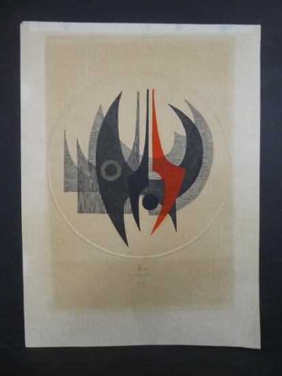 1966 Fumio Fujita Japanese Woodblock Print Abstract Bird B