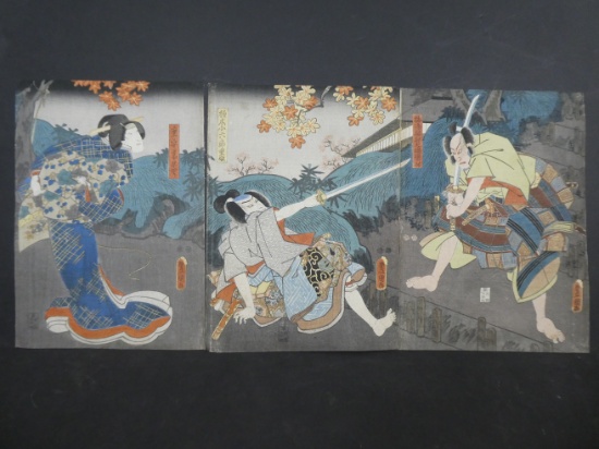 Original 19th Century Utagawa Toyokuni III Japanese Woodblock Print Samurai Clash Triptych