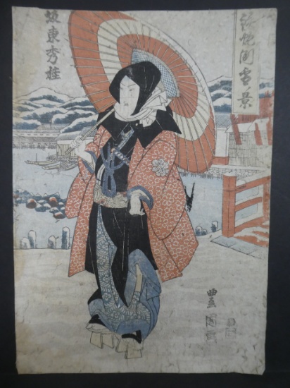 Original 19th Century Utagawa Toyokuni I Japanese Woodblock Print Bando ShukaIn Snow