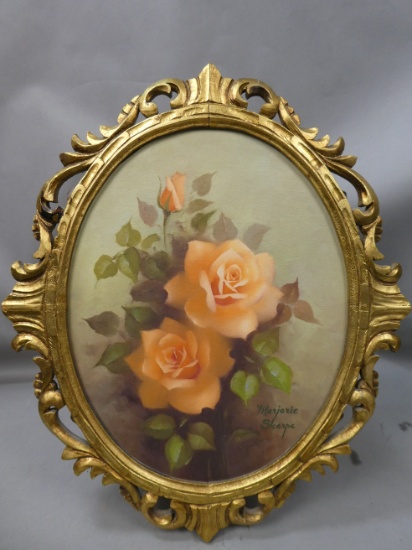 Marjorie Sharpe Pink Roses Oval Oil Painting