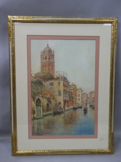 Antique Rafael Senet Venice Canal Scene Watercolor Painting