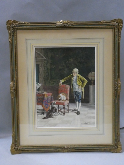 Antonio Canella Man Cat & Dog Interior Scene Watercolor Painting