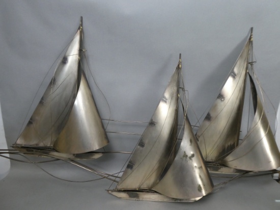 Vintage Signed Curtis Jere Triple Sailship Copper Wall Plaque
