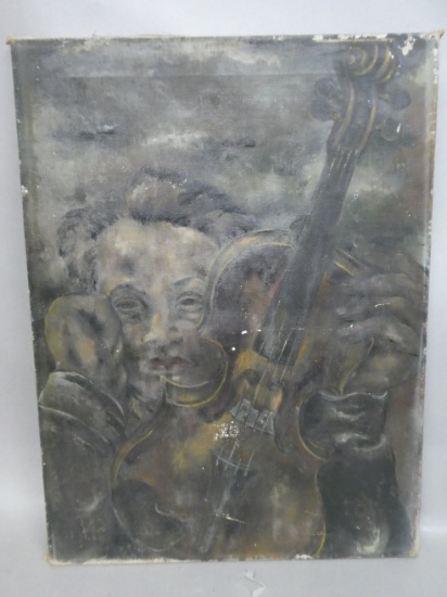 Mid-Century Man w/ Violin Oil Painting Norman Lear