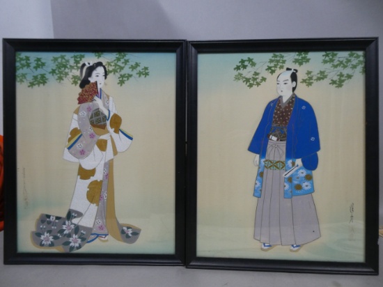 Pair of Japanese Paintings on Silk of Man & Woman Signed