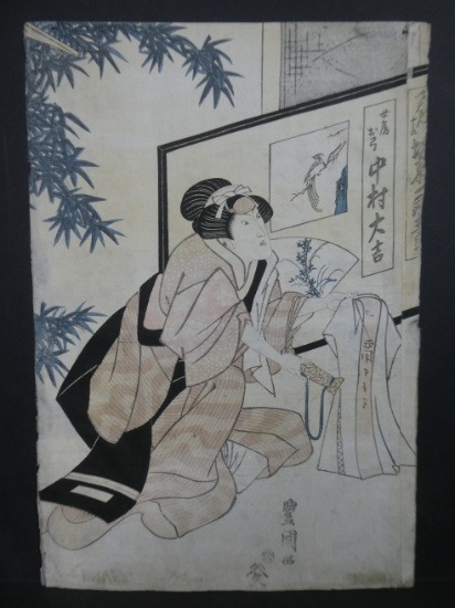 Original 19th Century Toyokuni Japanese Woodblock Print Woman by Screen