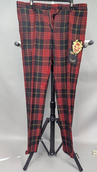 Roberto Cavalli Red Tartan Wool Pants with Embroidered Patch