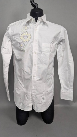 Thom Browne White Embroidered Cotton Shirt, Size 4