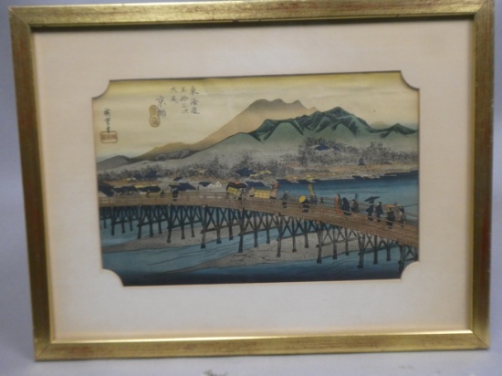Repro Ando Hiroshige Japanese Photo-Mechanical Print Men on Bridge
