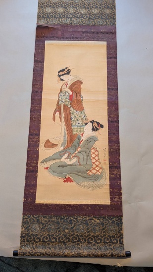 Vintage Japanese Hanging Scroll Two Beauties After Hokusai