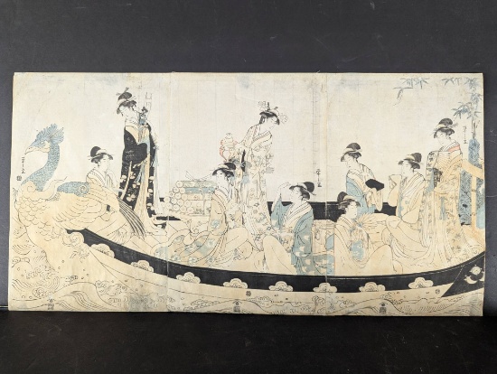Japanese Woodblock Print Women in a Phoenix Boat by Hosoda Eishi