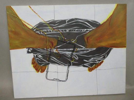 Unsigned Bizarre Using Smart Phone on Toilet Oil Painting