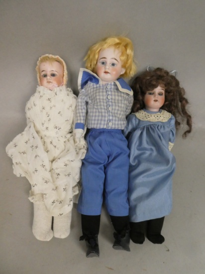 Lot 3 Antique Porcelain Head Soft Body Dolls German Lily Armand Marseille Boy Wiefel & Co