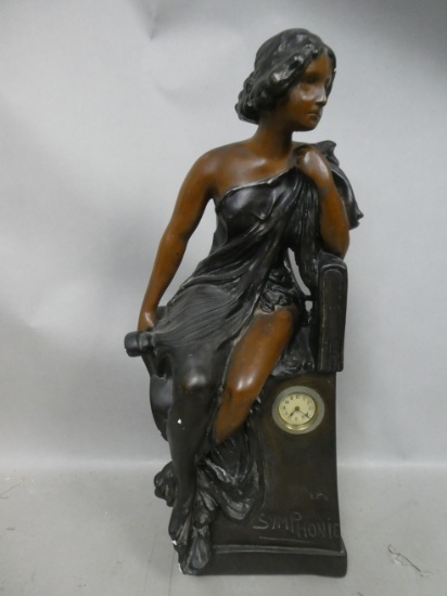 c1900 Antique Symphone Plaster Figural Woman Clock Statue