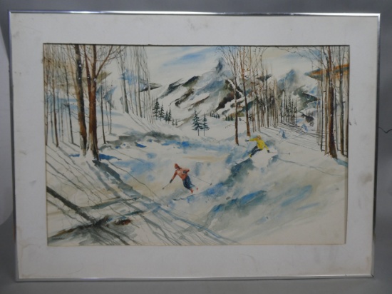 Signed Burmanski Downhill Skiing Skiers Watercolor Painting