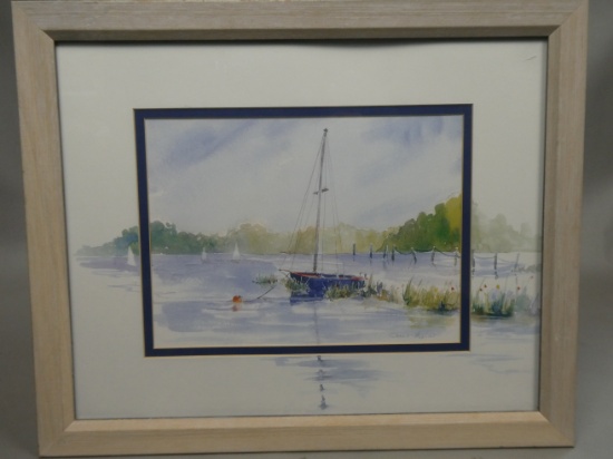 Signed Sarah Malin Sailboat Watercolor Painting