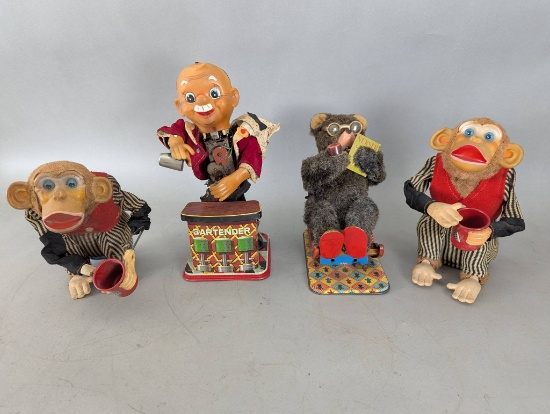 Tin Battery-Operated Japan Toys Including Monkeys Bear and Bartender