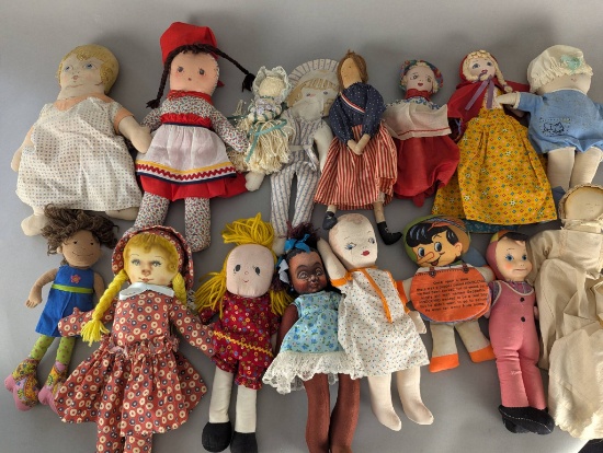 Collection of Handmade and Cloth Dolls with Various Outfits