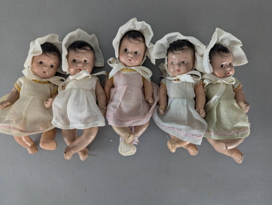 Lot of Five Composition Baby Dolls with Bonnets and Dresses