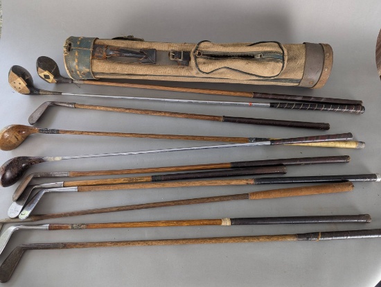 Collection of Vintage Hickory Shaft Golf Clubs with Carry Bag