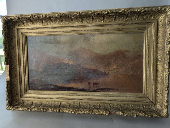 Oil on Canvas Landscape Painting by Cyrenius Hall in Ornate Frame
