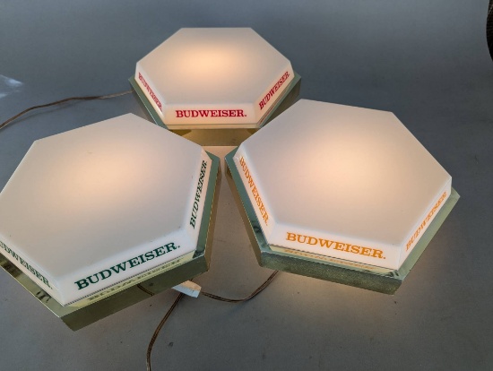 Set of Three Vintage Budweiser Hexagonal Light-Up Signs from 1960s or 1970s