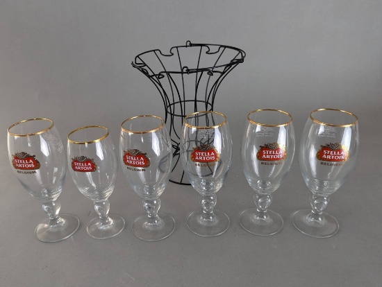 Set of 6 Stella Artois Glasses with Gold Rims and Wire Rack