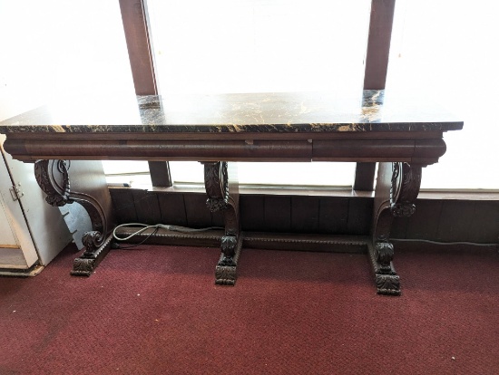1890s Mahogany Console Table with Marble Top and Decorative Legs