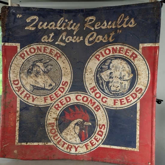 Pioneer Dairy Hog and Poultry Feeds Embossed Metal Sign AntiqueÂ 